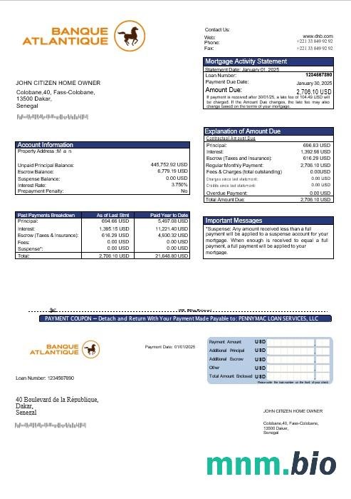 Senegal Banque Atlantique wyciąg z kredytu hipotecznego w formatach Word i PDF
